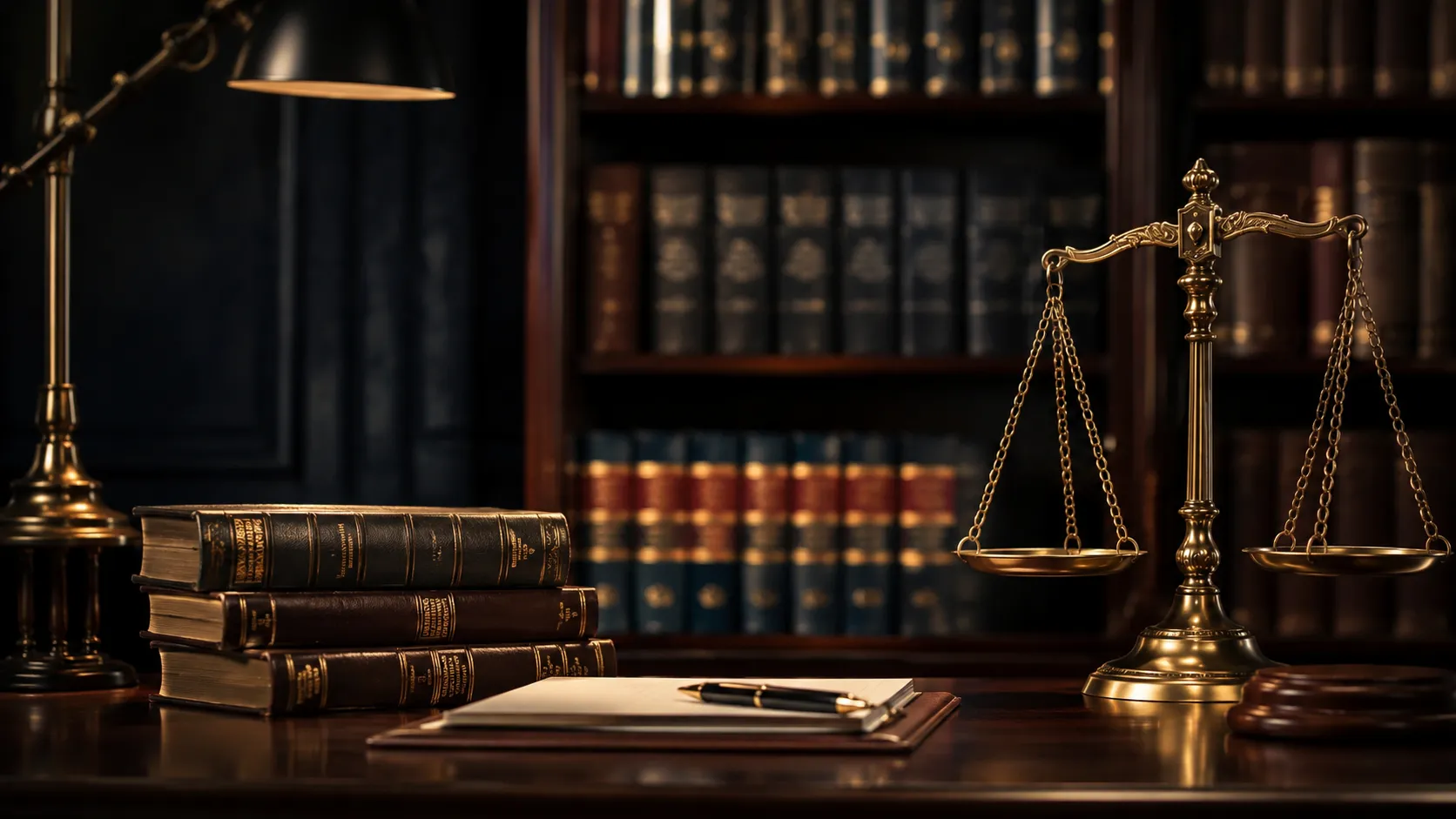 Biblioteca jurídica con libros de derecho y balanza de la justicia
