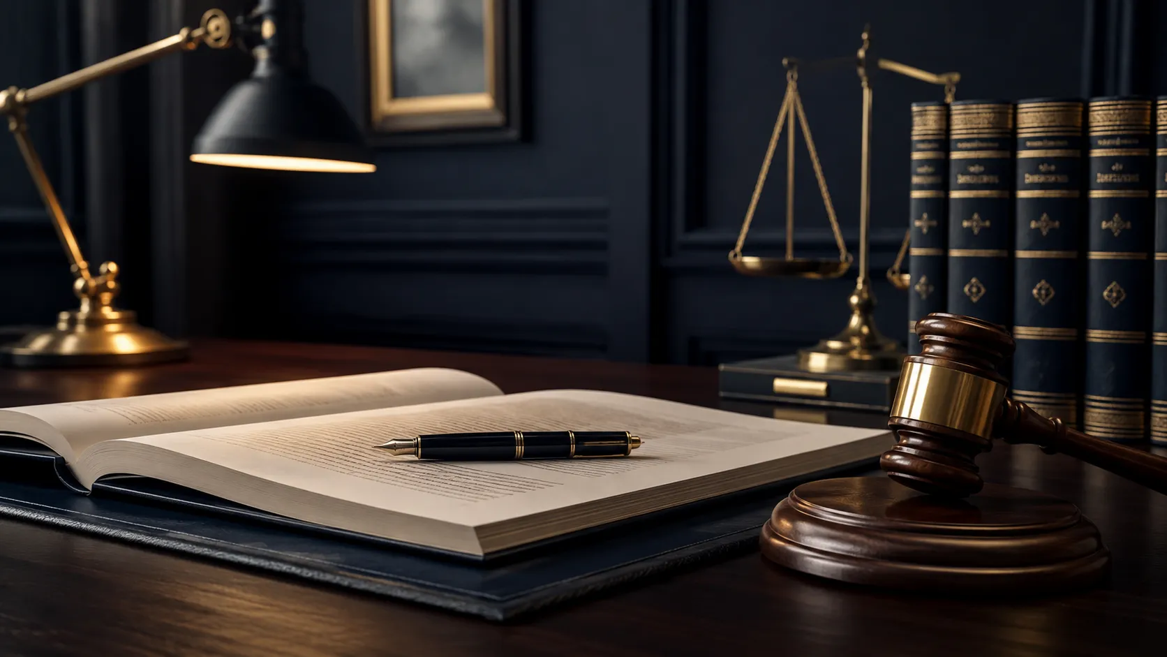 Despacho de abogado con libro de derecho, balanza de la justicia y mazo judicial