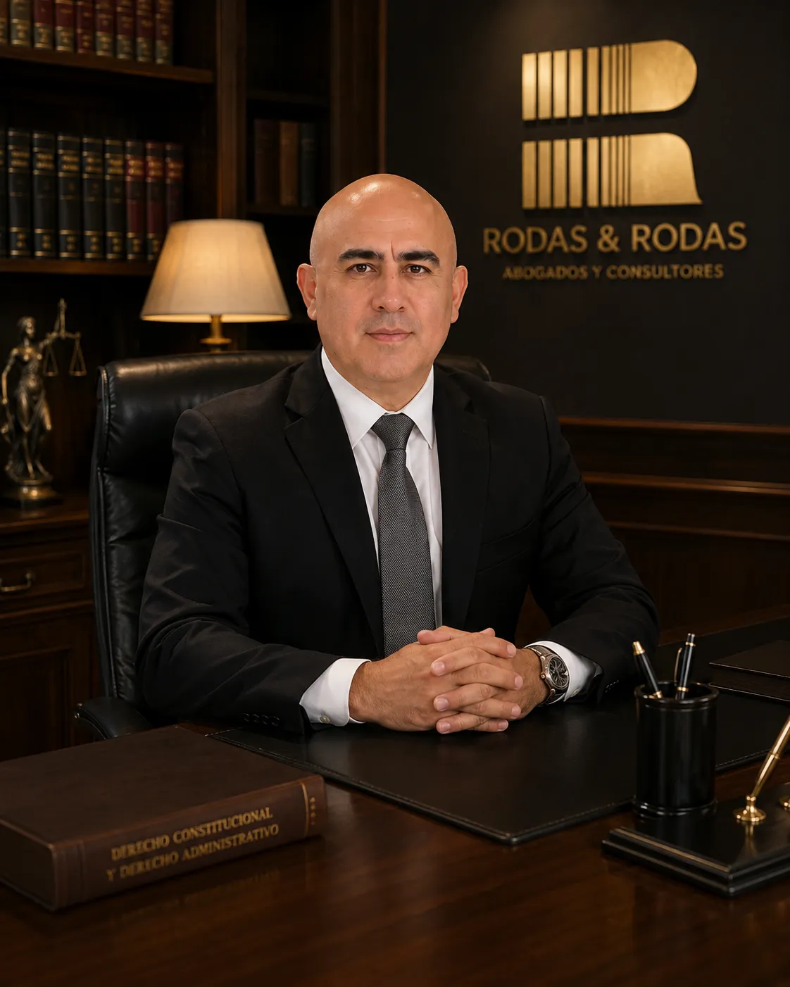 Retrato institucional del abogado Edgar Rodas Vega en su despacho jurídico